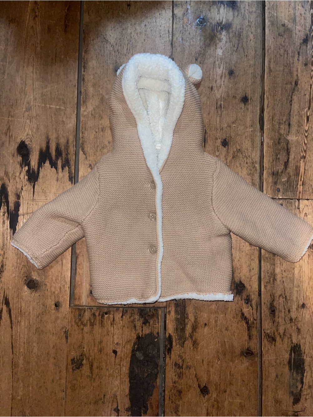 GAP Beige Knit Hooded Baby Jacket with White Sherpa Lining